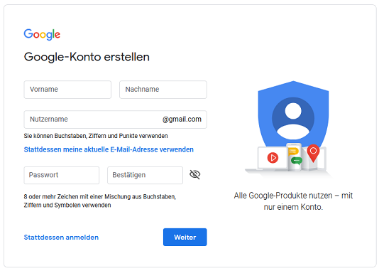 Erstellung eines Google Kontos